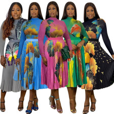 Sexy Printed Long Sleeve Top+High Waist Pleated Skirt 2 Piece Sets OY-6381