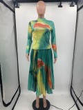 Sexy Printed Long Sleeve Top+High Waist Pleated Skirt 2 Piece Sets OY-6381