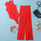 Solid Sleeveless Bodysuit Wide Leg Pants Two Piece Sets FSXF-F328