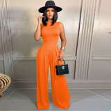 Solid Sleeveless Bodysuit Wide Leg Pants Two Piece Sets FSXF-F328