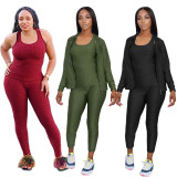 Casual Tank Top+Zipper Coat+Pants 3 Piece Sets ONY-7034