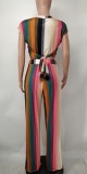 Stripe Print Short Sleeve Two Piece Pants Sets NK-8622