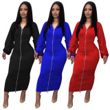 Solid Long Sleeve Zipper Maxi Dress TE-4466