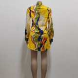 Plus Size Casual Printed Long Sleeve Shirt Dress SMR-9784
