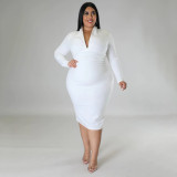 Plus Size Solid V Neck Long Sleeve Midi Dress NNWF-7656