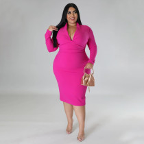 Plus Size Solid V Neck Long Sleeve Midi Dress NNWF-7656