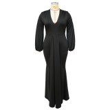 Plus Size Solid V Neck Long Sleeve Maxi Evening Dress NNWF-7662