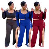 Plus Size Cold Shoulder Top+Split Pants 2 Piece Sets NNWF-7660