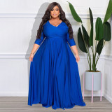 Plus Size Solid V Neck 3/4 Sleeve High Waist Evening Dress NNWF-7670