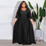 Plus Size Solid V Neck 3/4 Sleeve High Waist Evening Dress NNWF-7670