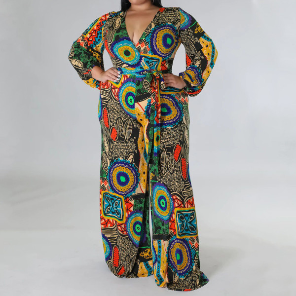 Plus Size Printed V Neck Long Sleeve Sashes Jumpsuit NNWF-7644