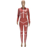 Plus Size Pink Letter Print Hooded 2 Piece Pants Sets MEI-9277