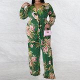 Plus Size Printed V Neck Long Sleeve Sashes Jumpsuit NNWF-7644