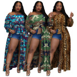 Plus Size Printed Long Sleeve High Split Sashes Maxi Dress NNWF-7643