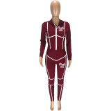 Plus Size Pink Letter Print Hooded 2 Piece Pants Sets MEI-9277