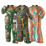 Plus Size Printed V Neck Long Sleeve Sashes Jumpsuit NNWF-7644