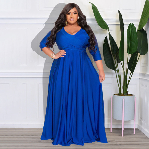 Plus Size Solid V Neck 3/4 Sleeve High Waist Evening Dress NNWF-7670