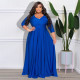 Plus Size Solid V Neck 3/4 Sleeve High Waist Evening Dress NNWF-7670