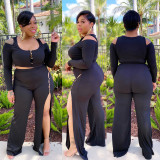 Plus Size Cold Shoulder Top+Split Pants 2 Piece Sets NNWF-7660