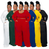 Plus Size Solid Tank Top+Long Cloak+Pants 3 Piece Sets NNWF-7293