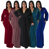 Plus Size Solid V Neck Long Sleeve Maxi Evening Dress NNWF-7662