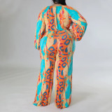 Plus Size Printed V Neck Long Sleeve Sashes Jumpsuit NNWF-7644