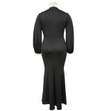 Plus Size Solid V Neck Long Sleeve Maxi Evening Dress NNWF-7662