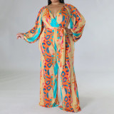 Plus Size Printed V Neck Long Sleeve Sashes Jumpsuit NNWF-7644