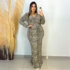 Plus Size Leopard Print V Neck Long Sleeve Maxi Dress NNWF-7671