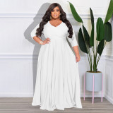 Plus Size Solid V Neck 3/4 Sleeve High Waist Evening Dress NNWF-7670