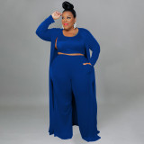 Plus Size Solid Tank Top+Long Cloak+Pants 3 Piece Sets NNWF-7293