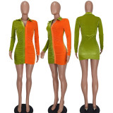 Contrast Color Velvet Long Sleeve Mini Dress YD-8643