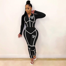 Plus Size Pink Letter Print Hooded 2 Piece Pants Sets MEI-9277
