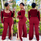 Plus Size Cold Shoulder Top+Split Pants 2 Piece Sets NNWF-7660