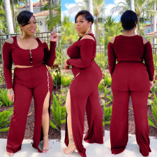Plus Size Cold Shoulder Top+Split Pants 2 Piece Sets NNWF-7660