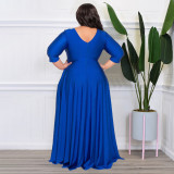 Plus Size Solid V Neck 3/4 Sleeve High Waist Evening Dress NNWF-7670