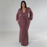 Plus Size Solid V Neck Long Sleeve Maxi Evening Dress NNWF-7662