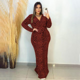 Plus Size Leopard Print V Neck Long Sleeve Maxi Dress NNWF-7671