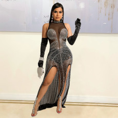 Sexy Mesh Hot Drilling Split Night Club Dress (Without Gloves)GOSD-6794