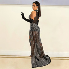 Sexy Mesh Hot Drilling Split Night Club Dress (Without Gloves)GOSD-6794