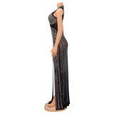 Sexy Mesh Hot Drilling Split Night Club Dress (Without Gloves)GOSD-6794