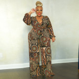 Plus Size Printed V Neck Long Sleeve Jumpsuit OSIF-22532
