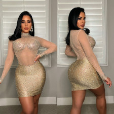 Sexy Mesh Hot Drilling Long Sleeve Night Club Dress GOSD-6699