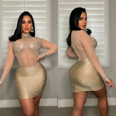 Sexy Mesh Hot Drilling Long Sleeve Night Club Dress GOSD-6699