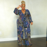 Plus Size Printed V Neck Long Sleeve Jumpsuit OSIF-22532
