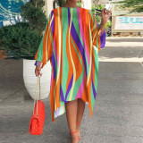 Plus Size Colorful Stripe Long Sleeve Midi Dress NY-10259
