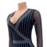 Sexy Mesh Hot Drilling Long Sleeve Irregular Night Club Dress GOSD-6780