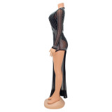 Sexy Mesh Hot Drilling Long Sleeve Irregular Night Club Dress GOSD-6780