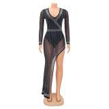 Sexy Mesh Hot Drilling Long Sleeve Irregular Night Club Dress GOSD-6780