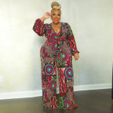 Plus Size Printed V Neck Long Sleeve Jumpsuit OSIF-22532